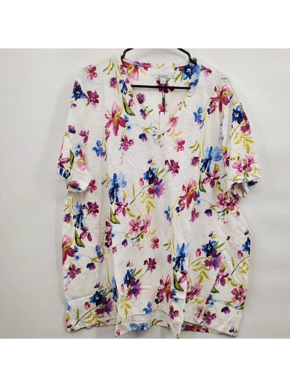 Chico's Floral Short Sleeve Forward Seam Tee Shirt Top Women Size 4 NWT Alabaste